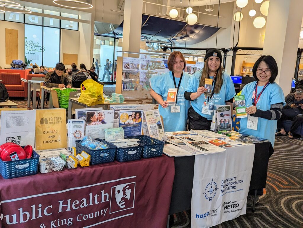 Roxanne (left), Vicky (center), and Rocel (right) provide outreach materials as the three Community Transportation Navigators in the Filipino Cultural Cohort.  